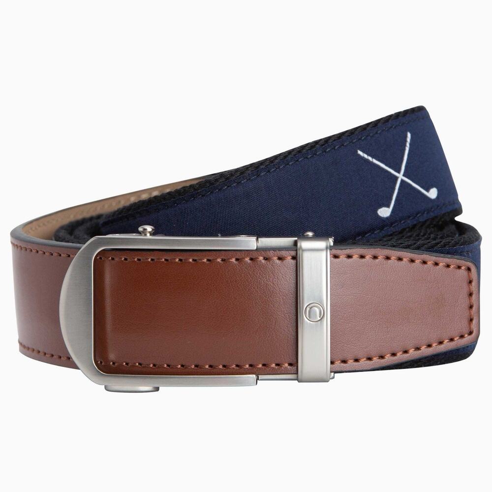 Nexbelt Hampton Tee Time Golf Ribbon Ratchet Belt Navy Blue Brown Mens Golf Belt